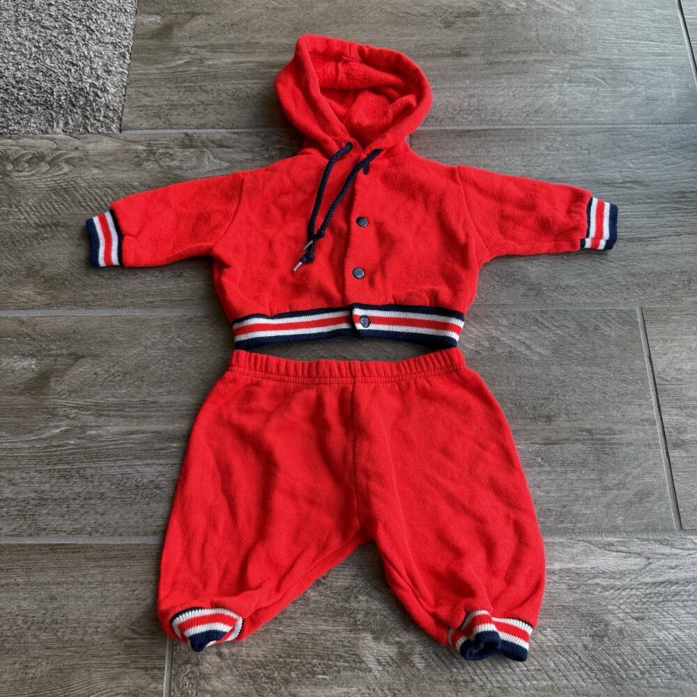 Vintage Newborn Baby 2 Piece Sweatsuit Red Hooded Jacket Pants Fits 15 Lbs